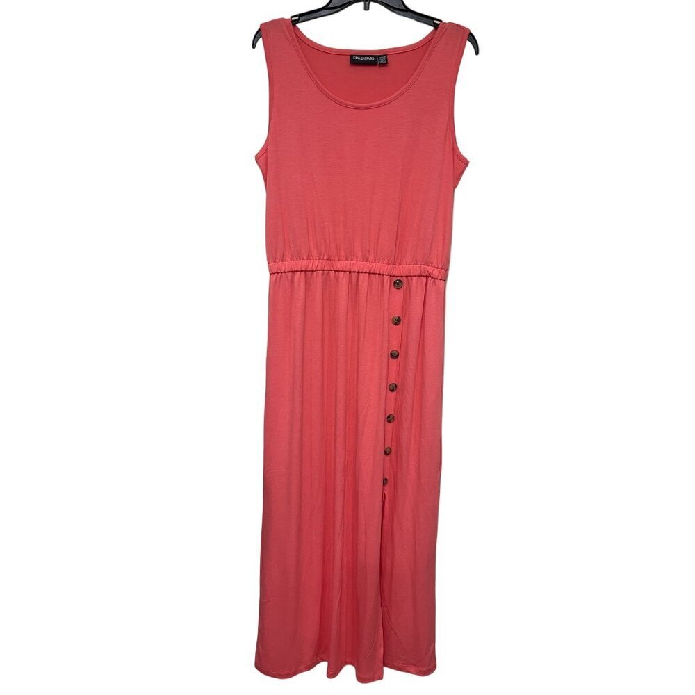 Nina‎ Leonard Sleeveless Coral Maxi Dress Button Accent Elastic Waist Medium